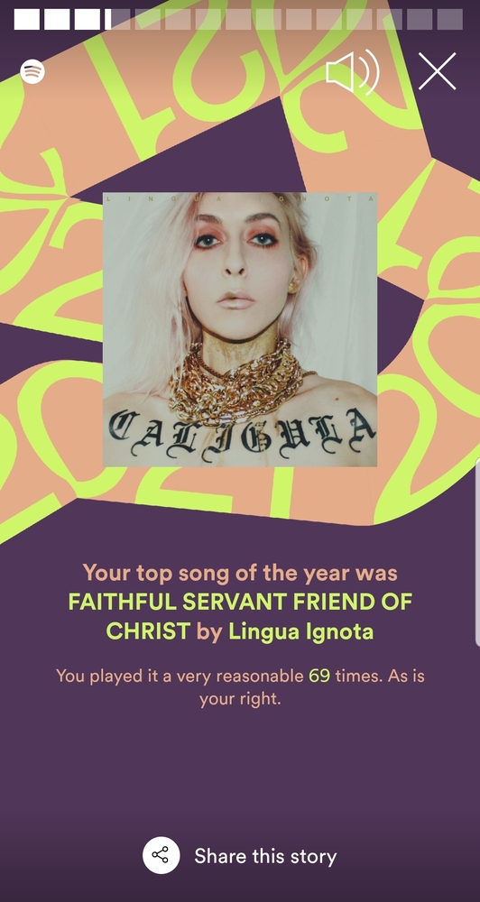 A Spotify screenshot showing that I listened to the song FAITHFUL SERVANT FRIEND OF CHRIST 69 times in one year. Nice.